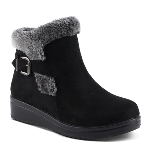 Flexus Santuzza Women's Waterproof Microsuede Bootie with Faux Fur, Flexible Sole, Decorative Buckle, and Zipper Closure – Vegan-Friendly, Cold Weather Comfort