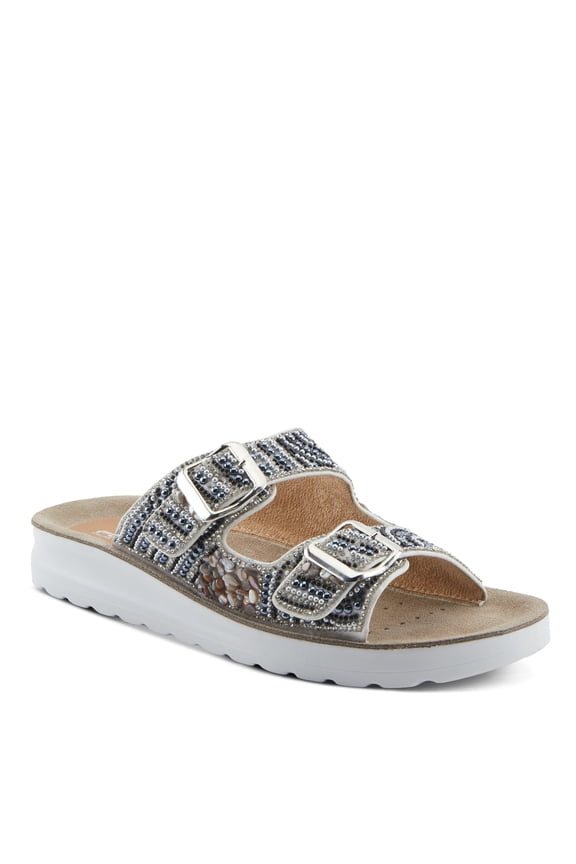 Women's CYTHERIA Slides – Italian-Made Two-Strap Sandals with Anatomic Footbed, Beading, and Adjustable Buckles