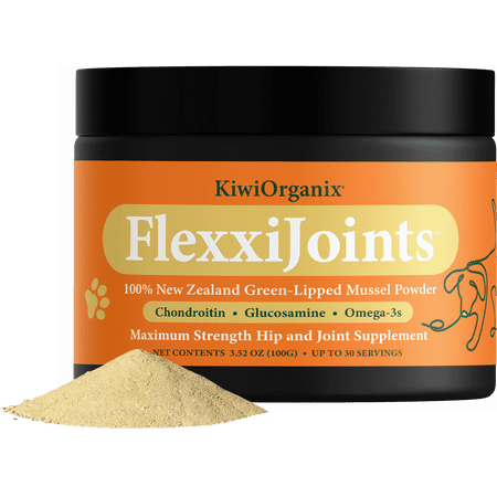 FlexxiJoints 100% New Zealand Green-Lipped Mussel Powder, Hip & Joint Support Formula for Dogs & Cats, with Glucosamine, Chondroitin 100g (30 Servings)