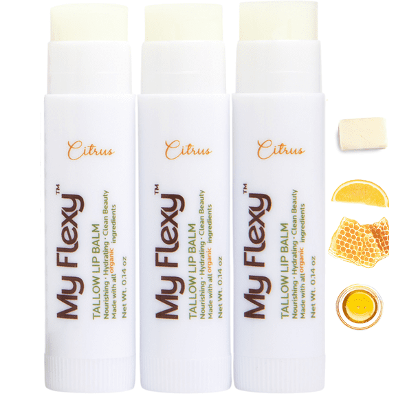 My Flexy 100% Organic Lip Balm Hydrating, Grass-Fed Beef Tallow Petroleum Free & Natural, Pasture Raised Tallow, Honey, Beeswax, & Orange Essential Oil, Lip Balms & Moisturizers - Bulk Pack of 3