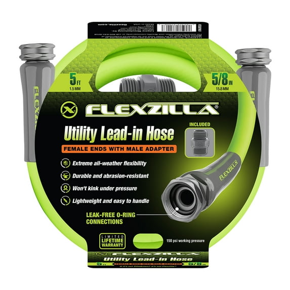 Flexzilla® Garden Hose, Hybrid Polymer, Female Female with Male Adapter, 5/8" x 5', 150 PSI, ZillaGreen™