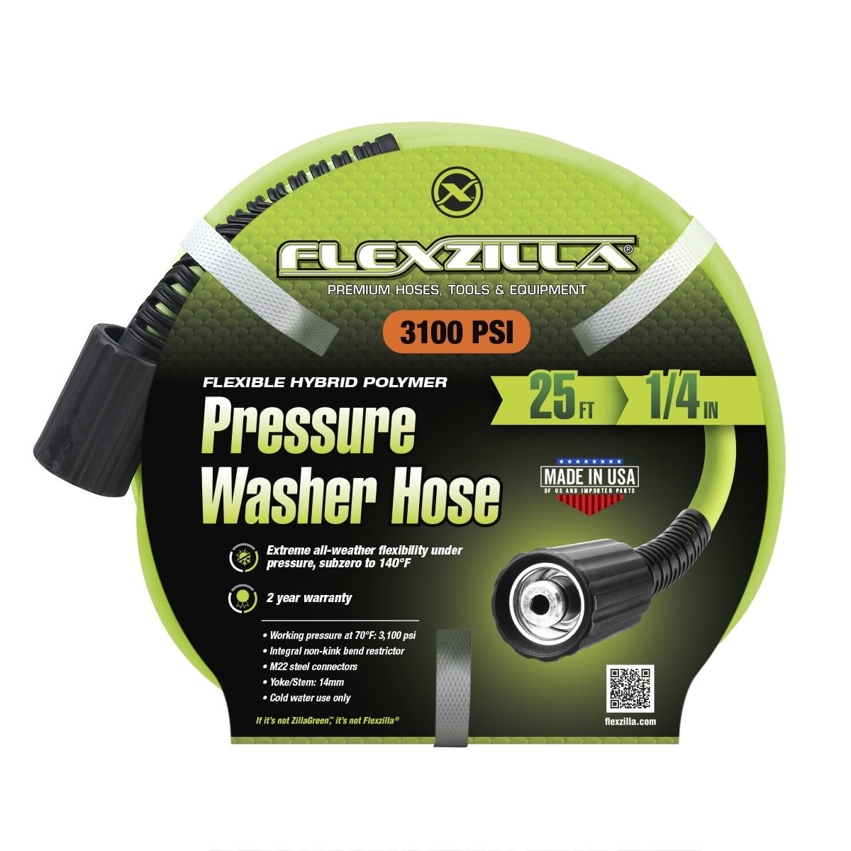 Flexzilla® Pressure Washer Hose, 1/4" x 25’, 3100PSI, M22 Fittings, ZillaGreen™