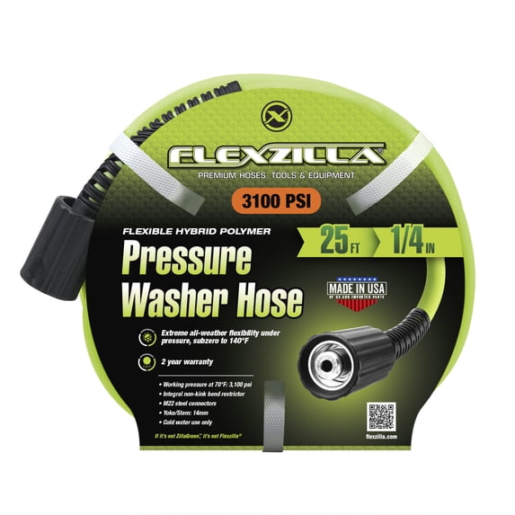 Flexzilla® Pressure Washer Hose, 1/4" x 25’, 3100PSI, M22 Fittings, ZillaGreen™