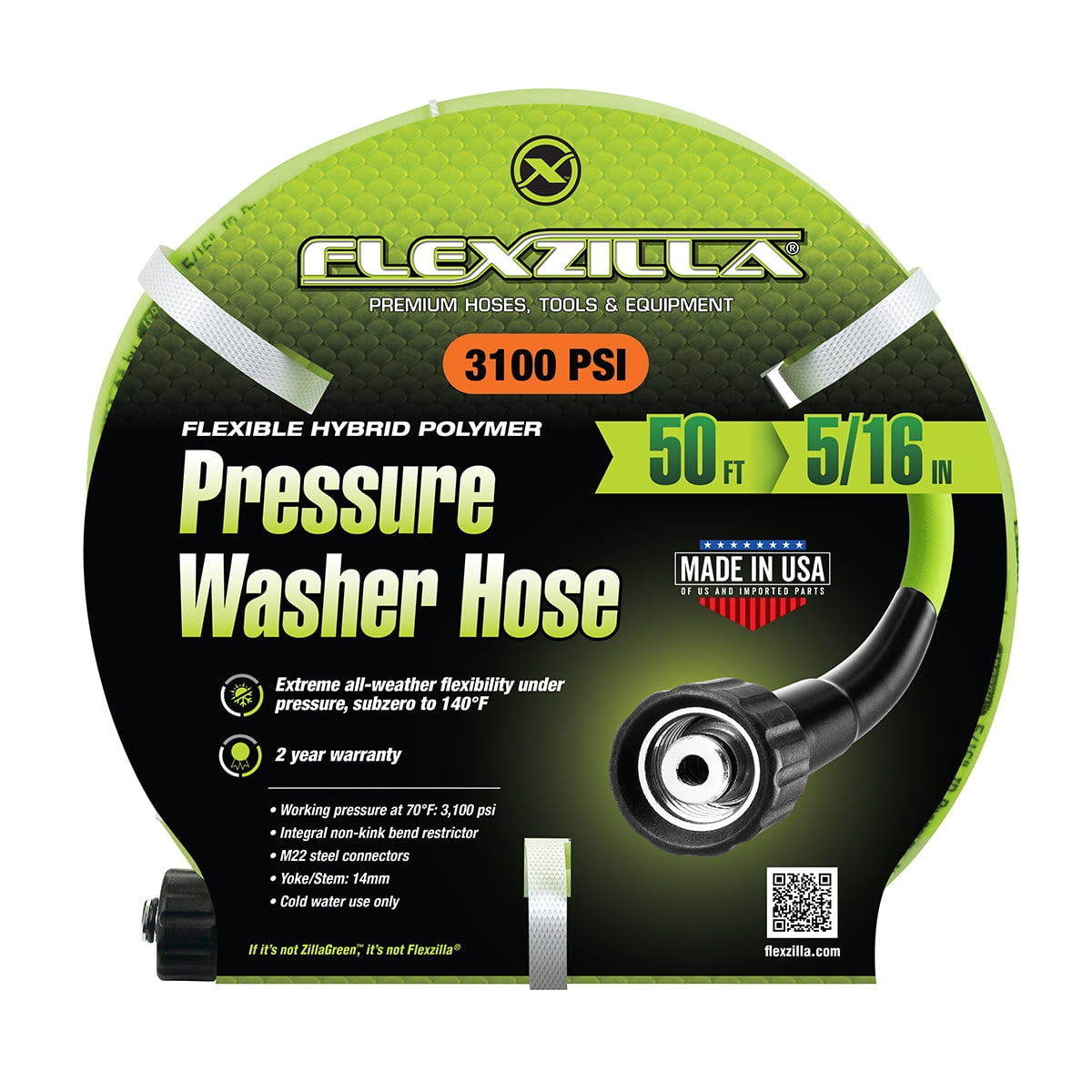 Flexzilla Pressure Washer Hose, 5/16 in. x 50 ft., 3100 PSI, M22 Fittings, ZillaGreen