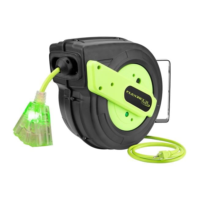 Flexzilla Pro Retractable Extension Cord Reel, 60', 12/3 AWG SJTOW, Grounded Triple Tap Outlet, Indoor/Dry Locations, ZillaGreen