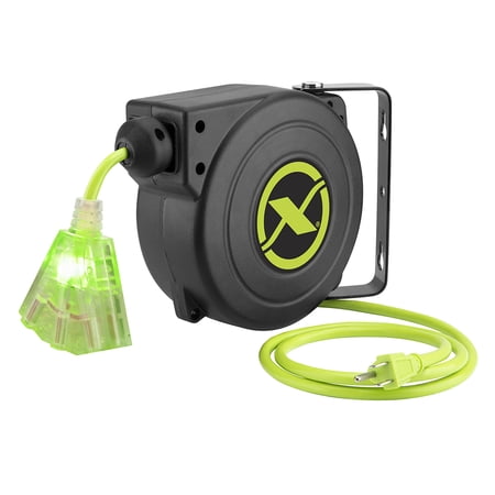 Flexzilla® Retractable Extension Cord Reel, 16/3 AWG SJTOW Cord, 25', Grounded Triple Tap Outlet, ZillaGreen™