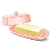 Flexzion Ceramic Pink European Butter Dish with Lid for Countertop 7 Inch - 1 Stick Butter Holder for Counter, Cream Cheese Container Storage Keeper