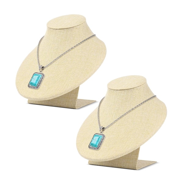 Flexzion Necklace Bust Display Stand (2Pack) - 7 Inch 3D Mannequin Beige Linen Necklace Display Holder for Home, Boutique & Trade Shows - Jewelry Display for Selling Necklace, Pendants, Lockets