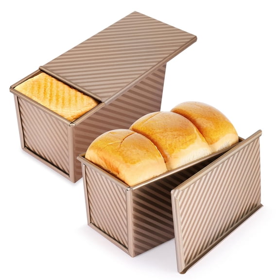 Flexzion Pullman Loaf Pan with Lid Cover (2 Pack) for Baking Oven Sandwich Bread Toast - 1lb Dough Capacity Square Corrugated Cake Mold Non-Stick Carbon Steel Box Bakeware Kitchen Accessories (Gold)
