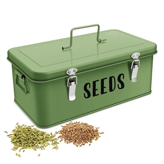 Flexzion Seed Saving Box - Metal Seed Storage Organizer Box with Lid, 4 Spacious Compartments Storage Bin for Garden Tools & More with Safety Locks, Green