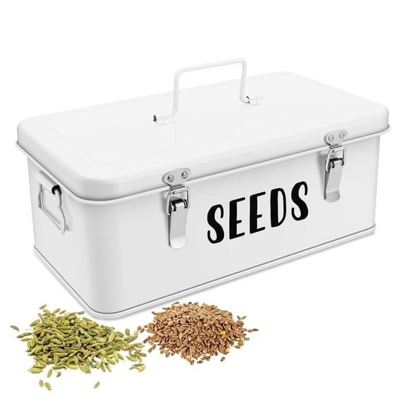 Flexzion Seed Saving Box - Metal Seed Storage Organizer Box with Lid, 4 Spacious Compartments Storage Bin for Garden Tools & More with Safety Locks, White