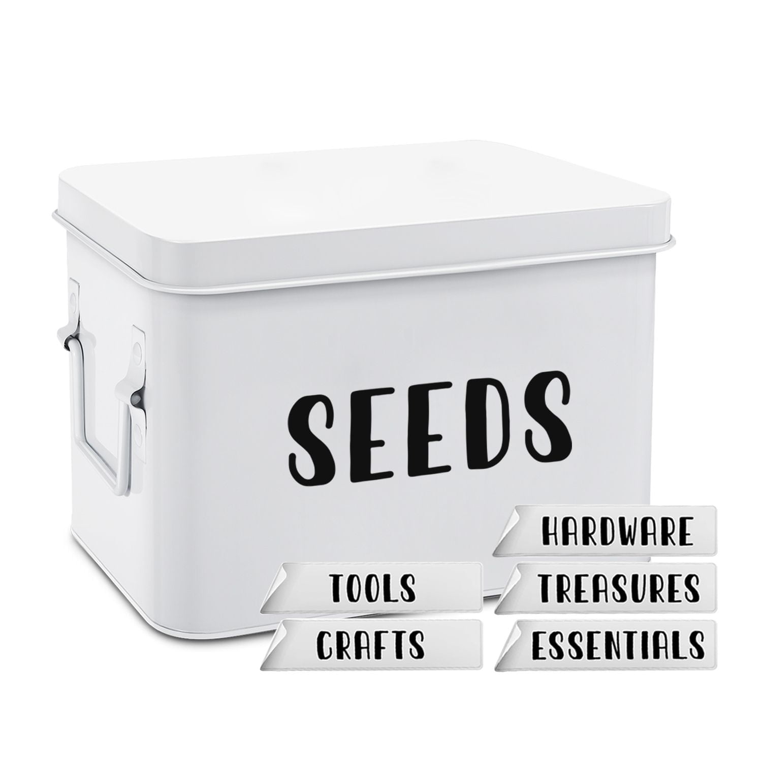 Flexzion Tin Storage Box with Removable Tray, 8 Inch Seed Organizer Box and Metal Seed Holder Organizer with Hinged Lid, Toolbox Container for Crafts, Hardware, Tools, Essentials – White