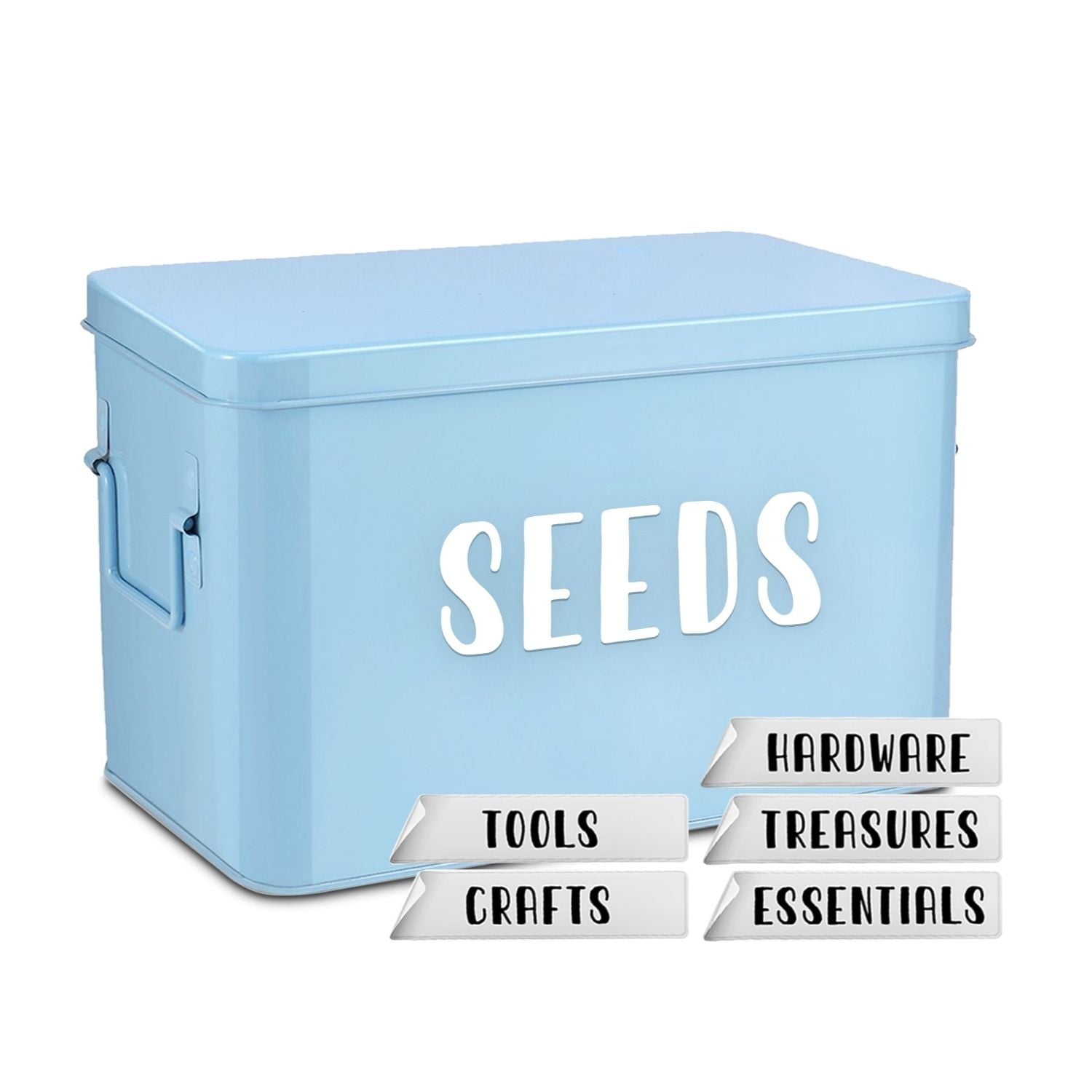 Flexzion Tin Storage Box with Removable Tray, Seed Organizer Box and Metal Seed Holder Organizer with Hinged Lid, Versatile Toolbox Container for Crafts, Hardware, Tools and Essentials, Blue
