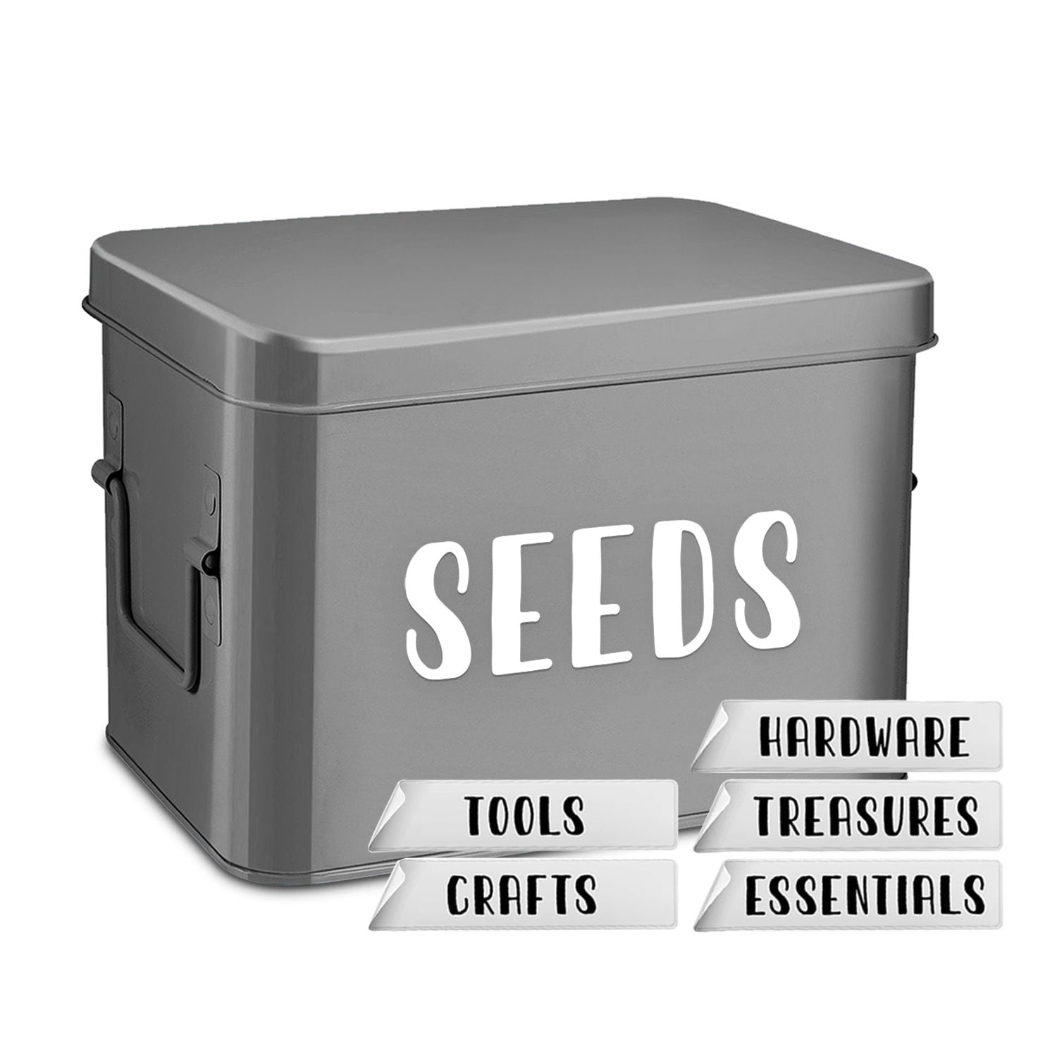 Flexzion Tin Storage Box with Removable Tray, Seed Organizer Box and Metal Seed Holder Organizer with Hinged Lid, Versatile Toolbox Container for Crafts, Hardware, Tools and Essentials, Gray