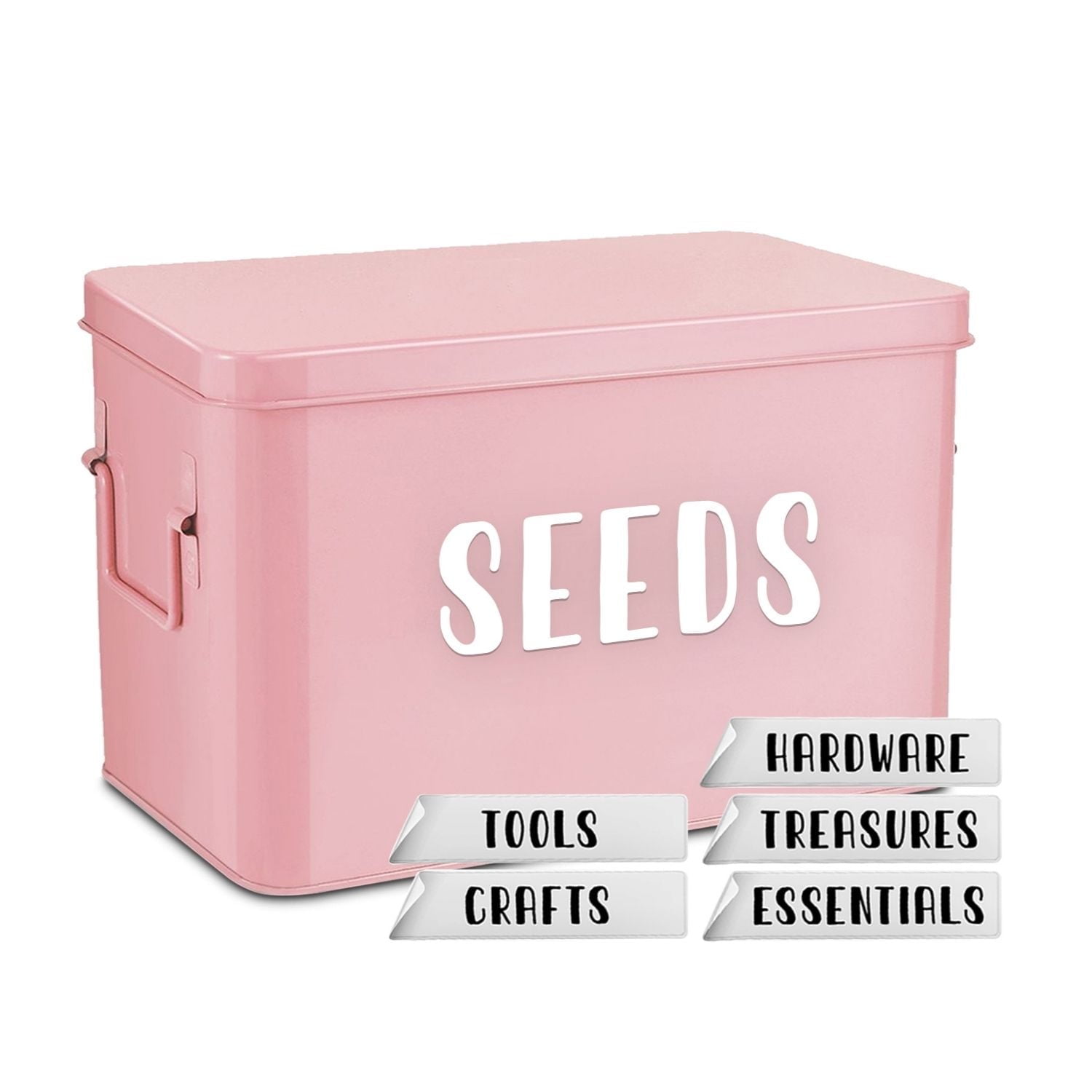 Flexzion Tin Storage Box with Removable Tray, Seed Organizer Box and Metal Seed Holder Organizer with Hinged Lid, Versatile Toolbox Container for Crafts, Hardware, Tools and Essentials, Pink