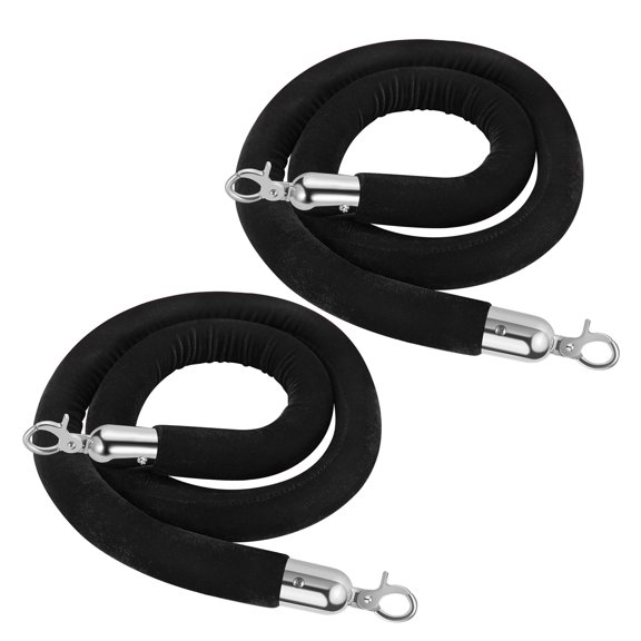 Flexzion Velvet Stanchion Rope (5FT, 2 Pack) 1.5" Thick Black Cord for Ball Crown Top Style Barriers Post, Crowd Queue Line Safe Control, Round Velour with Silver Plated Polished Snap Hook
