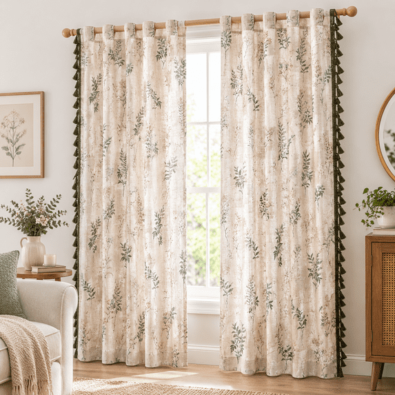 Window Tab On Spring Flfarmhouse Linen Boho Curta63 Inch Length With Green Tassels Semi ...