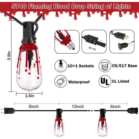 Flicker Flame String Lights - 10Ft Outdoor Decorations with 10 Flicker Flame Bulbs, Hanging Lights for Patio and Party, Black Wire