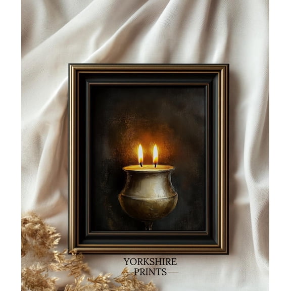 Flickering Candle Art Print, Vintage Brass Lamp, Moody Wall Decor Home Decor #3718, 8x12 UNFRAMED