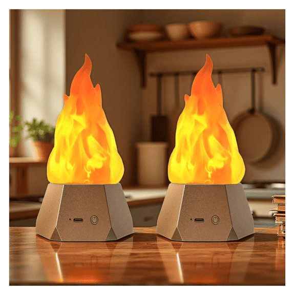 Flickering Flame Lamp 2-Pack, USB Rechargeable 3D Fire Night Light, Realistic Flame Effect Camp Lights for Home, Garden, Christmas, Holiday Decor