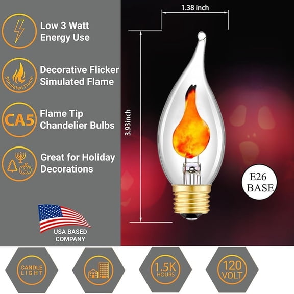 Flickering Flame Light Bulb, E26 Base Decorative Bulb for Halloween & Christmas, 3 Lighting Modes (Flicker/Breathing/Steady), Indoor/Outdoor Accent Lighting, Not Dimmable