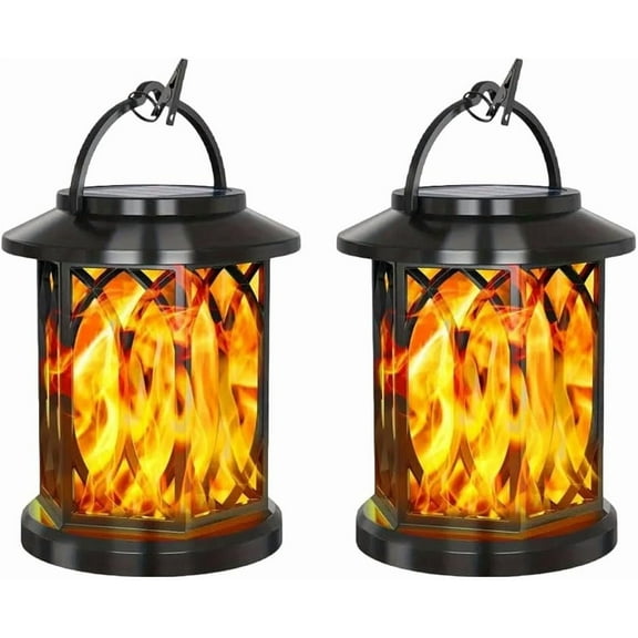 Flickering Flame Solar Lantern Outdoor Waterproof Light, Auto On/Off Hanging LED Fire Lanterns, Dancing Flame Solar Lantern Outdoor Lights for Yard Patio Garden Decor