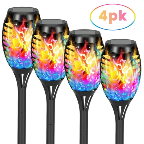 Flickering Flame Solar Lights Outdoor Decorative, 4 Pack Solar Garden Stake Lights Color Changing, Solar Torch Lights Outside for Yard, Patio, Garden, Pathway