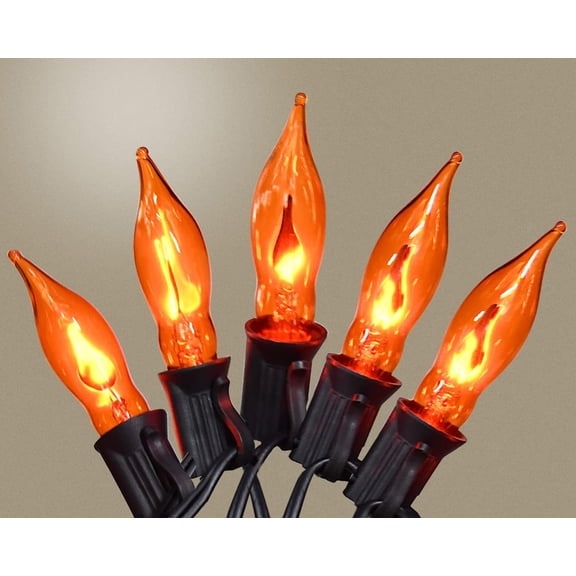 Flickering Flame String Lights Orange Halloween Lights with 10 Pack C7 Orange Flickering Light Bulbs, 12.8Ft Flame String Lights for Fall Decor Halloween Decorations for Home Party Yard Porch