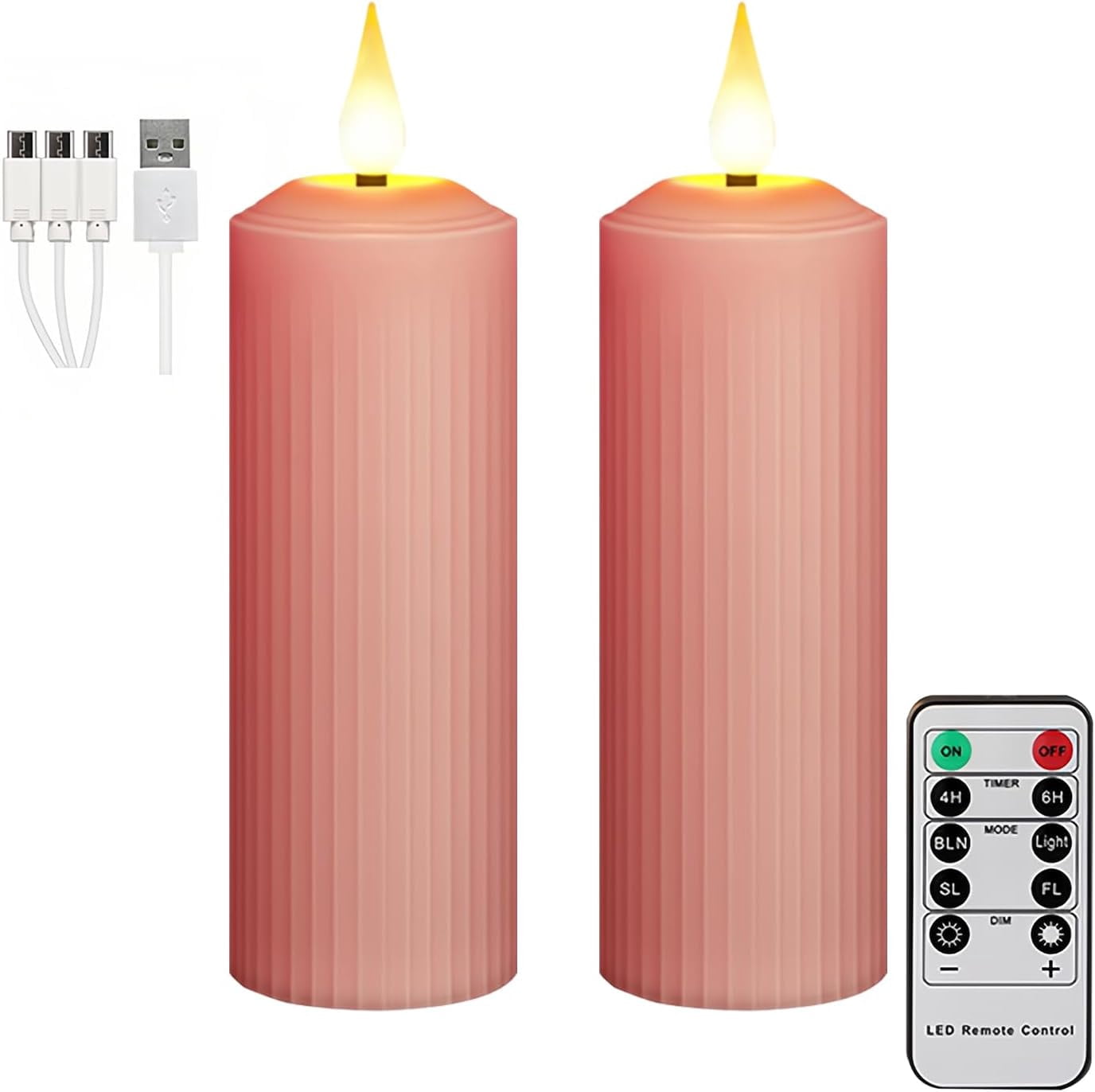 Flickering Flameless Candles, 2PCS Rechargeable Fake Pillar Candles with Remote & Timer, IP44 Waterproof for Lantern Holiday Wedding Party Home Decor (Pink)