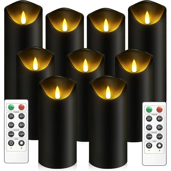 Flickering Flameless Candles,Battery Operated Real Wax LED Pillar Candles with Remote Control and Timer,with Embedded Star String,Set of 9 (Black)