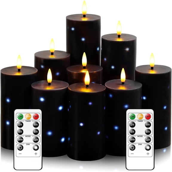 Flickering Flameless Candles,Battery Operated Real Wax LED Pillar Candles with Remote Control and Timer,with Embedded Star String,Set of 9 (Black)