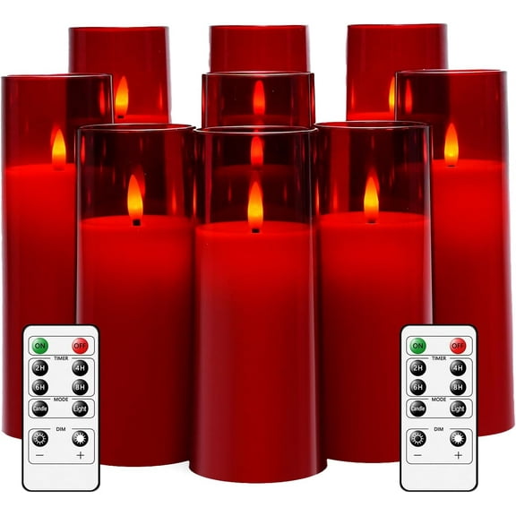 Flickering Flameless Candles Battery Operated with Remote and 2/4/6/8 H Timer Plexiglass Led Pillar Candles Pack of 9 (D2.3 xH 6" 7" 8") with Realistic Moving Wick Candles for Home Decor(Red)-Red