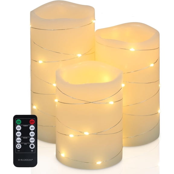 Flickering Flameless Candles Ivory Real Wax Pillar with Embedded String Lights LED Candles Battery Operated with Cycling 5H Timer Set of 3 (3" x 4"/5"/6") (Ivory)