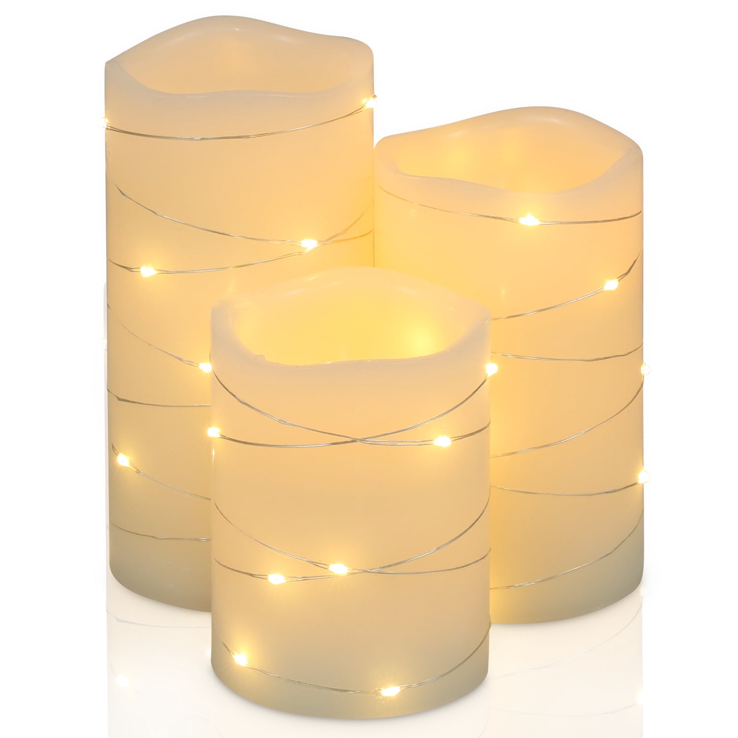 Flickering Flameless Candles Ivory Real Wax Pillar with Embedded String Lights LED Candles Battery Operated with Cycling 5H Timer Set of 3 (3" x 4"/5"/6")