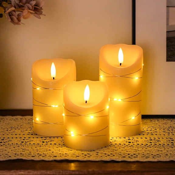 Flickering Flameless Candles Real Wax Electric with Embedded String Lights, Battery Operated Pillar LED Candles for Gift, Christmas & Home Decorations, with Remote & Timer, Set of 3(Ivory)