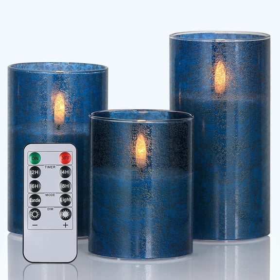 Flickering Flameless Candles with Remote - 3D Wick Battery Operated Candles with Timer, Blue Glass Fake LED Candles for Party Wedding Birthday Holiday Festival Christmas Home Decor Gifts