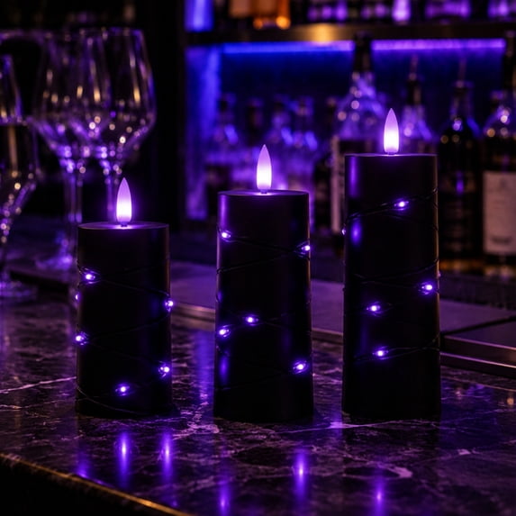 Flickering Flameless Candles with Remote Control and Timer, Real Wax LED Pillar Candles Set, Battery Operated Purple Glow Candles for Halloween Home Decor (A2)