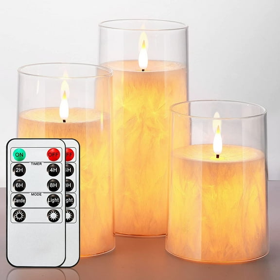 Flickering Flameless Candles Set of 3,LED Warm 3D Wick Light Pillar Candle Acrylic Battery Operated Candles with Remote and Timer Real Wax Christmas Home Table Decor, Transparent, D 3" H 4" 5" 6"