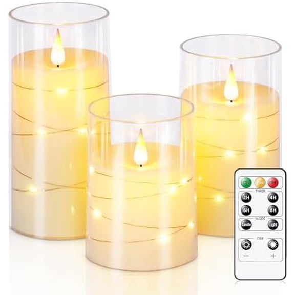 Flickering Flameless Candles with String Lights, Battery Operated Candles, Embedded String Lights LED Candles, Unbreakable Plexiglass Candle with Remote, Set of 3, Ivory White