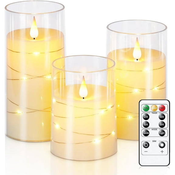 Flickering Flameless Candles with String Lights, Battery Operated Candles, Embedded String Lights LED Candles, Unbreakable Plexiglass Candle with Remote, Set of 3, Ivory White