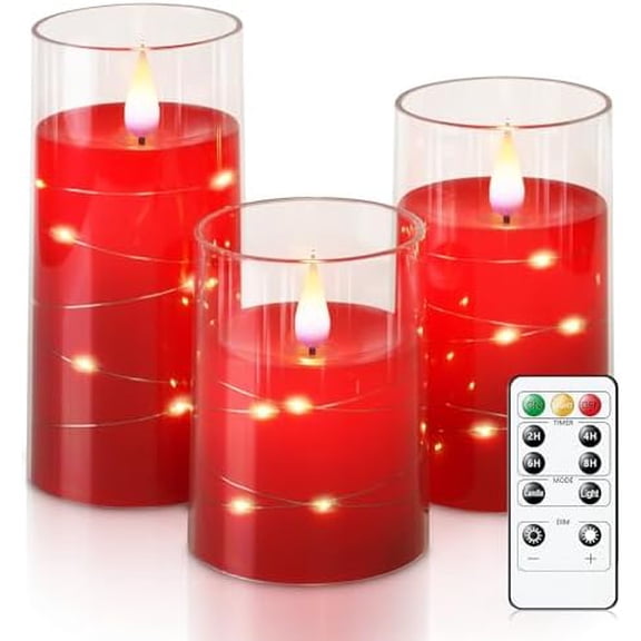 Flickering Flameless Candles with String Lights, Battery Operated Candles, Embedded String Lights LED Candles, Unbreakable Plexiglass Candle with Remote, Set of 3, Red
