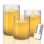 Glass Battery Operated LED Flameless Candles with Remote and Timer, Real Wax Candles Warm Color Flickering Light for Festival Wedding Home Party Decor(Pack of 3)-Clear