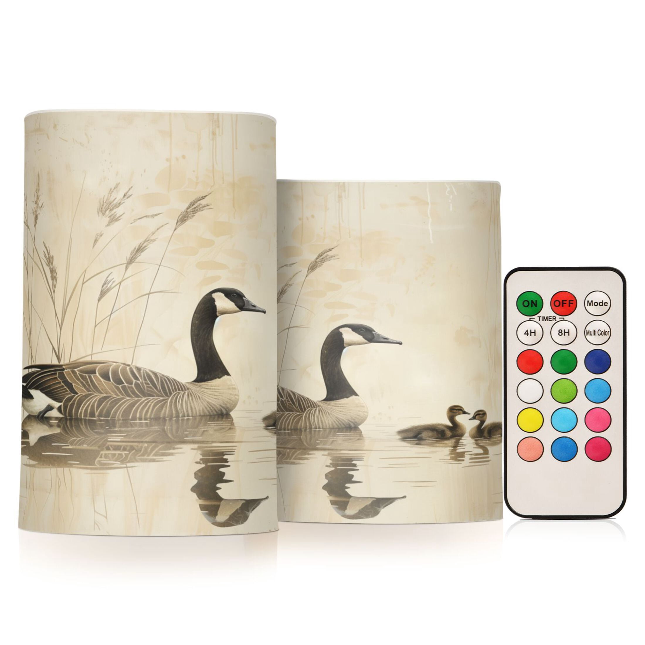 Flickering Flameless LED Candles set of 2 Battery Operated 18-Key Remotes Timer Halloween Fall Decor Elegant Goose with Goslings Swimming D3''xH4''5''