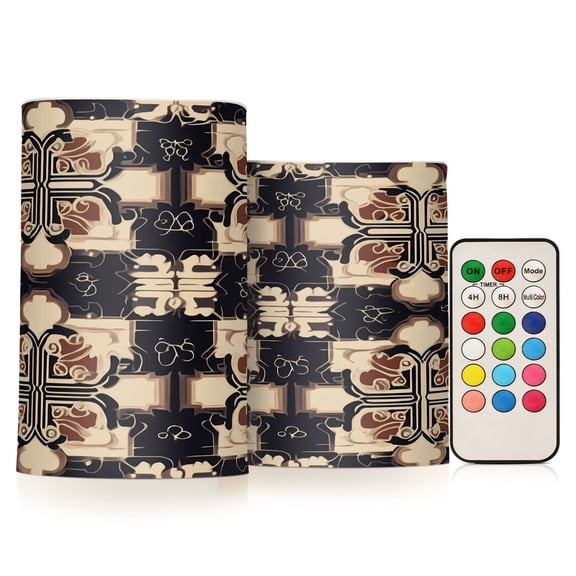 Flickering Flameless LED Candles set of 2 Battery Operated 18-Key Remotes Timer Halloween Fall Decor Traditional Chinese Geometric Patterns D3''xH4''5''