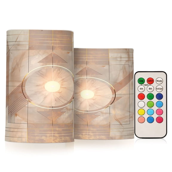 Flickering Flameless LED Candles set of 2 Battery Operated 18-Key Remotes Timer Halloween Fall Decor Abstract Rose Beige Geometric D3''xH4''5''