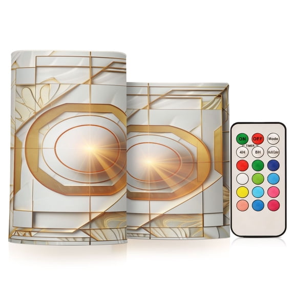 Flickering Flameless LED Candles set of 2 Battery Operated 18-Key Remotes Timer Halloween Fall Decor Abstract White Geometric D3''xH4''5''