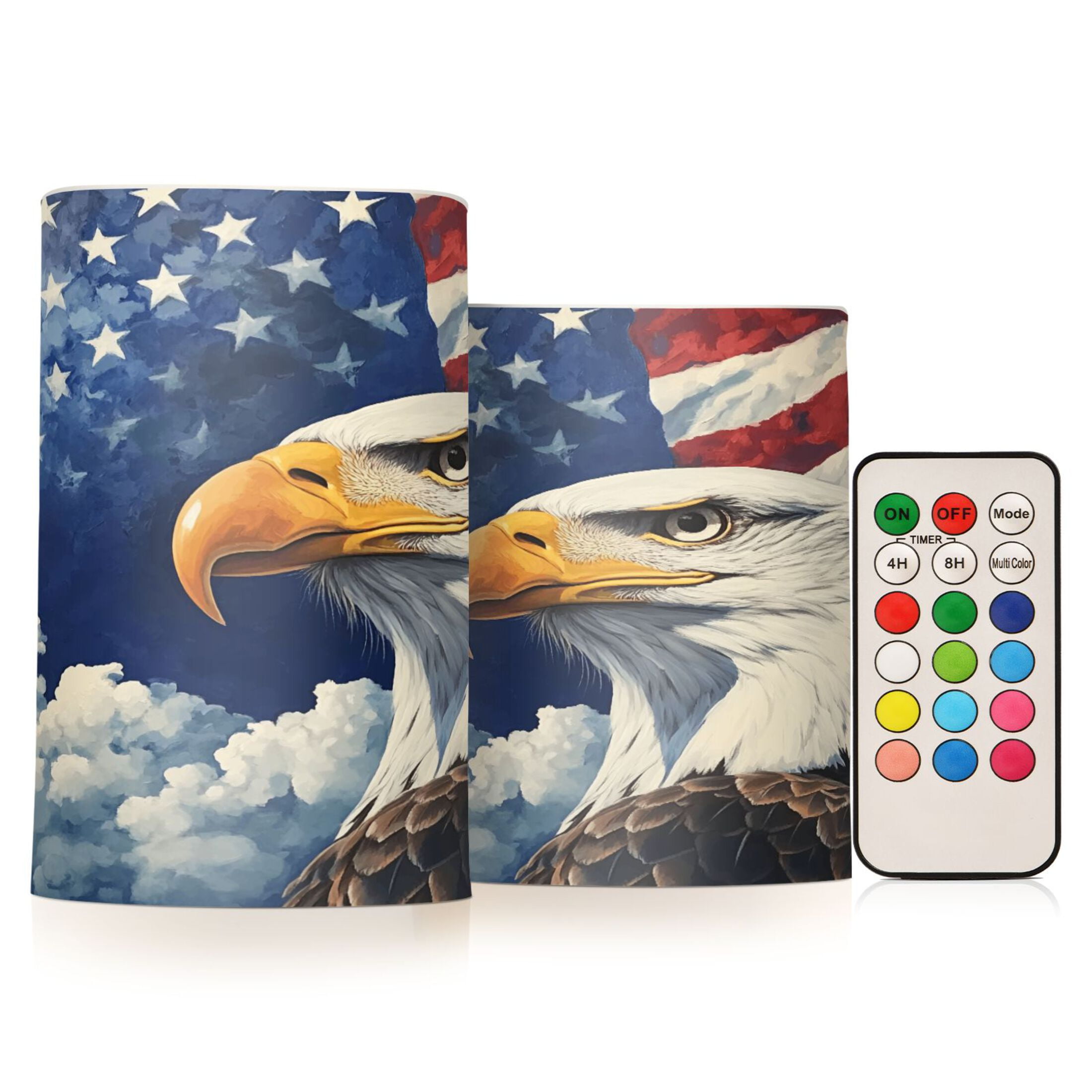 Flickering Flameless LED Candles set of 2 Battery Operated 18-Key Remotes Timer Halloween Fall Decor American Flag and Eagle D3''xH4''5''