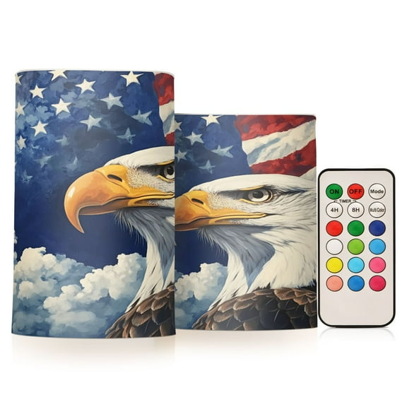 Flickering Flameless LED Candles set of 2 Battery Operated 18-Key Remotes Timer Halloween Fall Decor American Flag and Eagle D3''xH4''5''