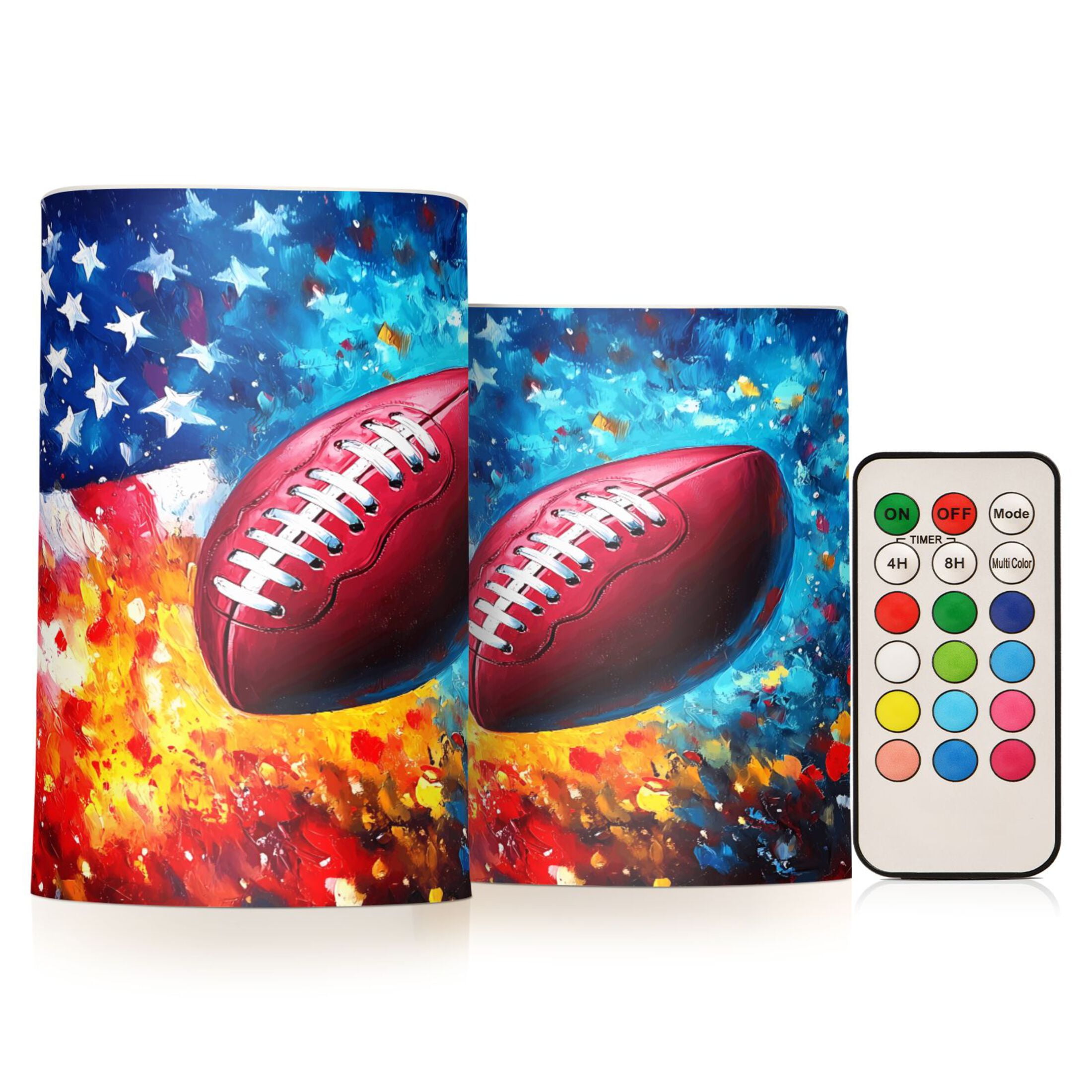 Flickering Flameless LED Candles set of 2 Battery Operated 18-Key Remotes Timer Halloween Fall Decor American Flag and Football D3''xH4''5''