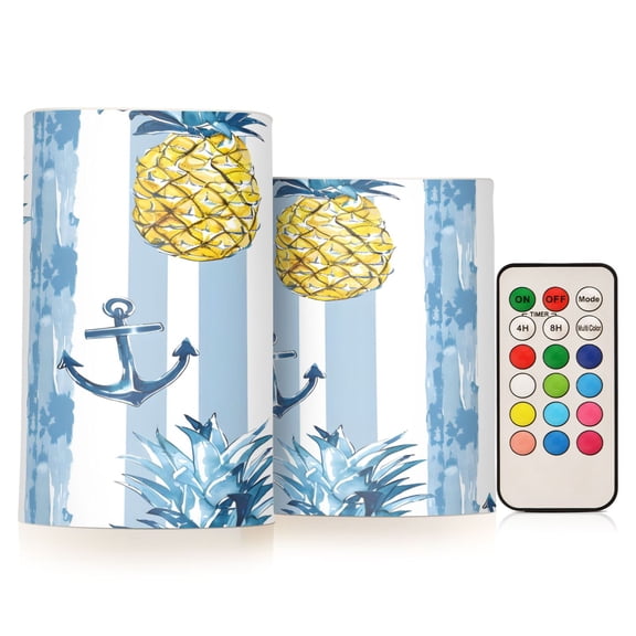 Flickering Flameless LED Candles set of 2 Battery Operated 18-Key Remotes Timer Halloween Fall Decor Anchor and Pineapple D3''xH4''5''